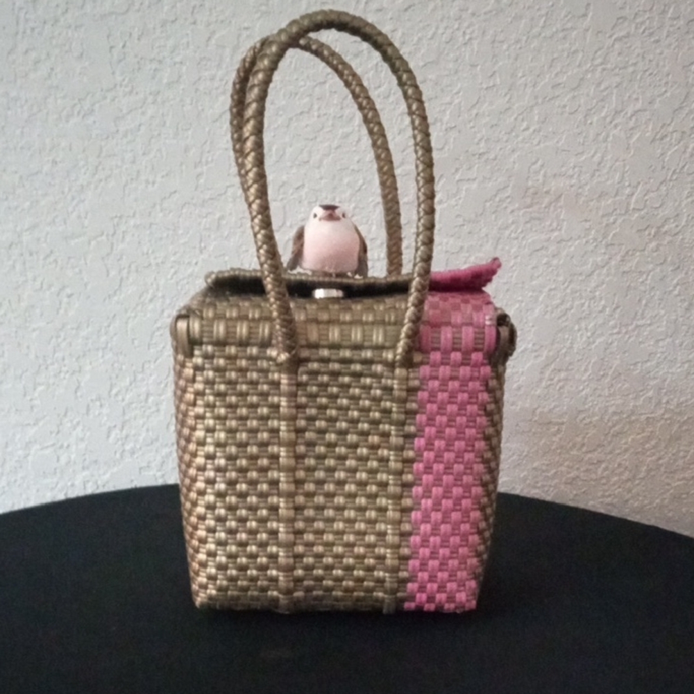 Woven Handmade Pink and Golden Brown Handbag / Snap closure